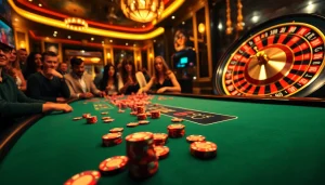 Engaging gameplay at nhà cái new88 featuring poker chips and a roulette wheel in a luxury casino.