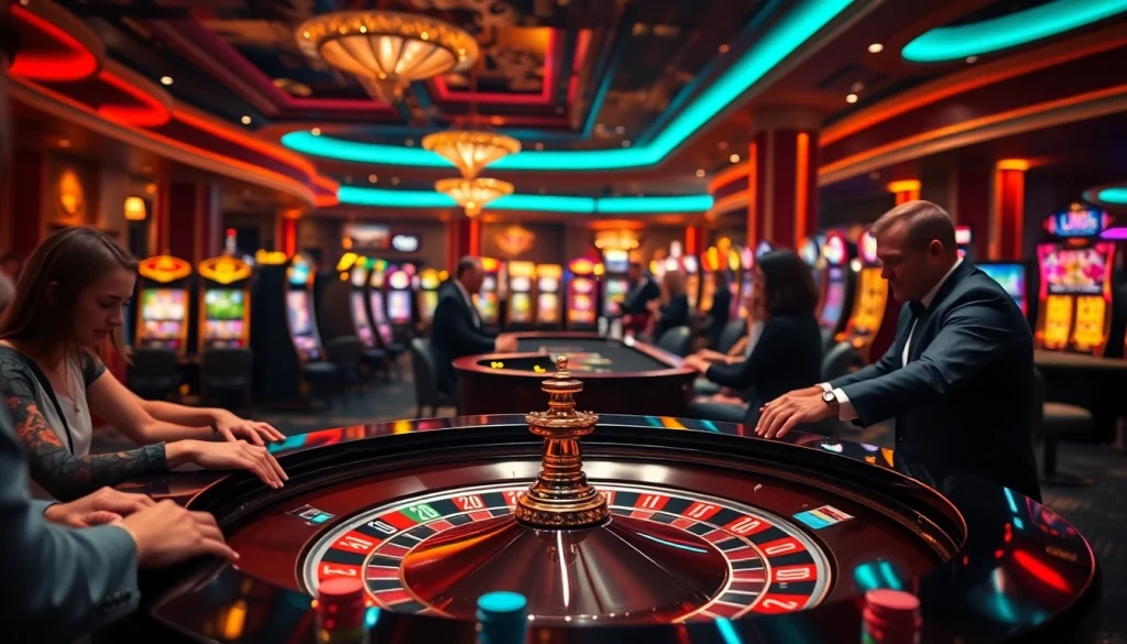 L444 casino players enjoying excitement at a roulette table with vibrant colors and dynamic action.