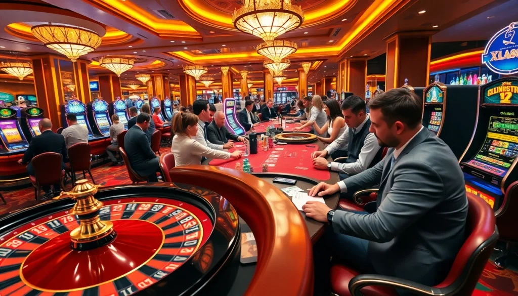 Experience the excitement of XX88 with enthusiastic players enjoying various casino games and vibrant visuals.