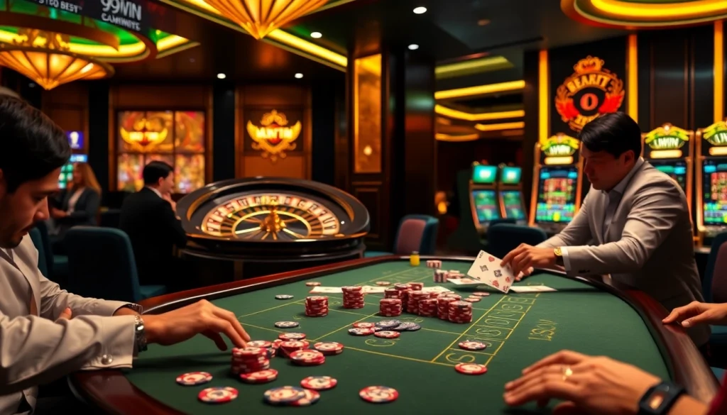 Experience the excitement of playing at 99win with colorful chips and a lively casino atmosphere.