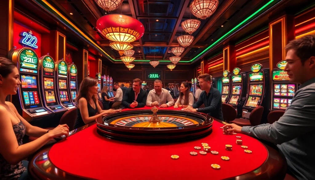 Experience the excitement of 22JL gaming at a luxurious casino table surrounded by eager players.