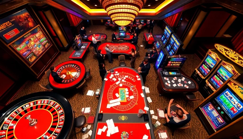 Players enjoying a thrilling game at MM88 casino, with vibrant roulette wheels and elegant poker tables.