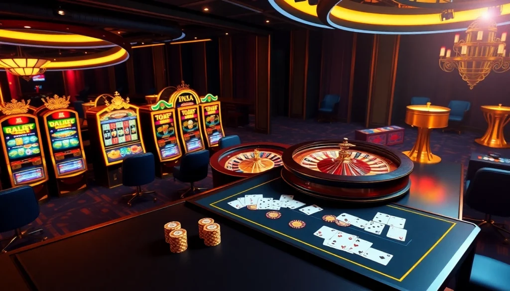Engaging view of trang chu 98win with luxurious gambling tables, vibrant slot machines, and a roulette wheel.