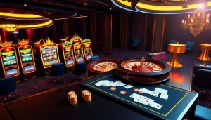 Engaging view of trang chu 98win with luxurious gambling tables, vibrant slot machines, and a roulette wheel.