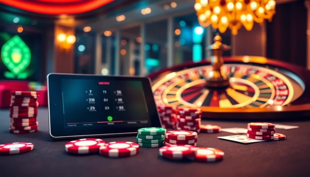 Visual representation of Chính sách bảo mật with poker chips and a luxurious casino table, highlighting gambling security.