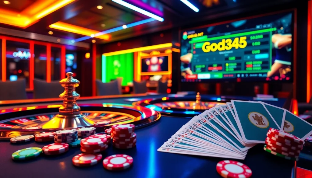 Experience the thrill of online gaming at god345.net with vibrant casino visuals and poker action.
