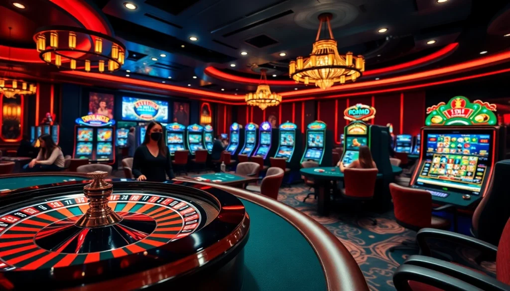 A casino scene featuring 'trang chu 789win' with poker tables, a roulette wheel, and vibrant slot machines.