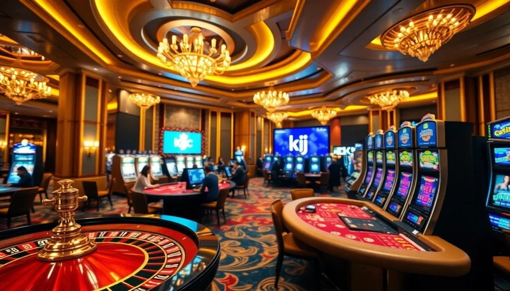 KJC gaming scene showcasing excitement at a luxury casino with roulette and poker tables.