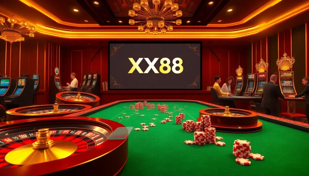 Engage with an exciting XX88 online casino scene featuring vibrant tables and neon gaming elements.