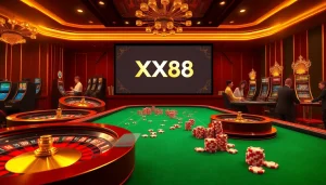 Engage with an exciting XX88 online casino scene featuring vibrant tables and neon gaming elements.