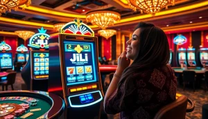 Engaging with the JILI slot machine in a luxurious casino with vibrant colors and excitement.