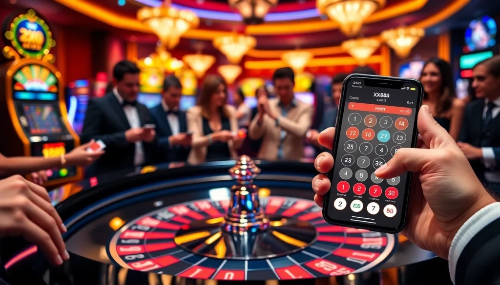 Players enjoying a thrilling casino game at XX88 with poker chips and a roulette wheel.