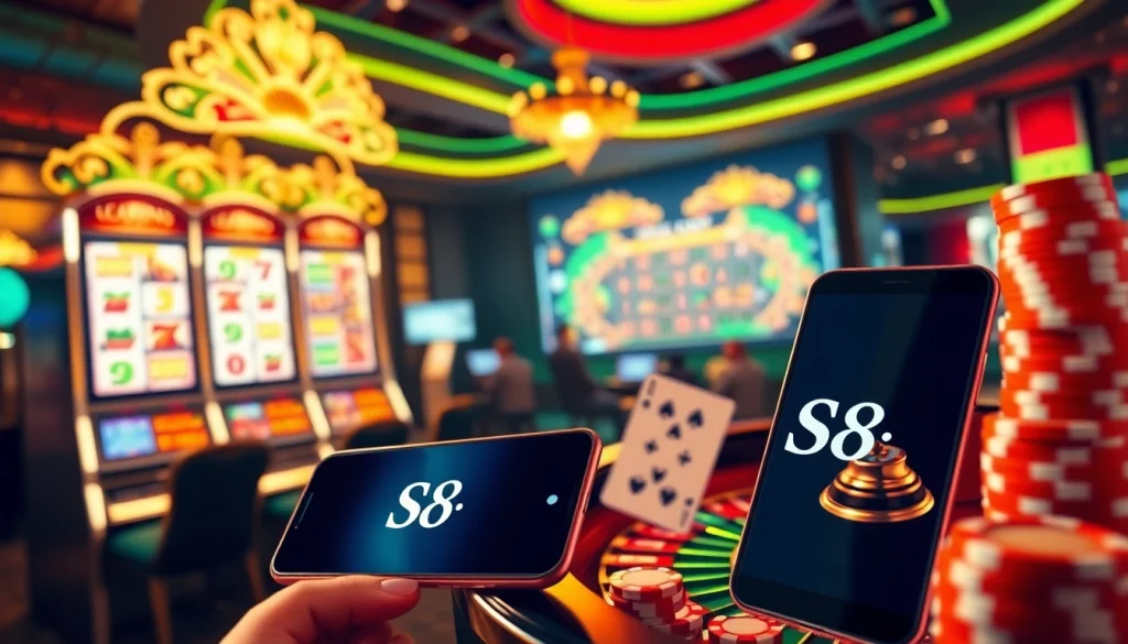 S8 themed online gambling scene featuring casino elements like cards, slots, and poker chips.