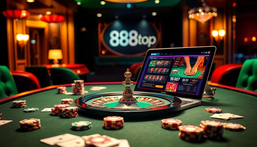 Players enjoy thrilling online casino games at 888top, showcasing a vibrant poker table and a roulette wheel.