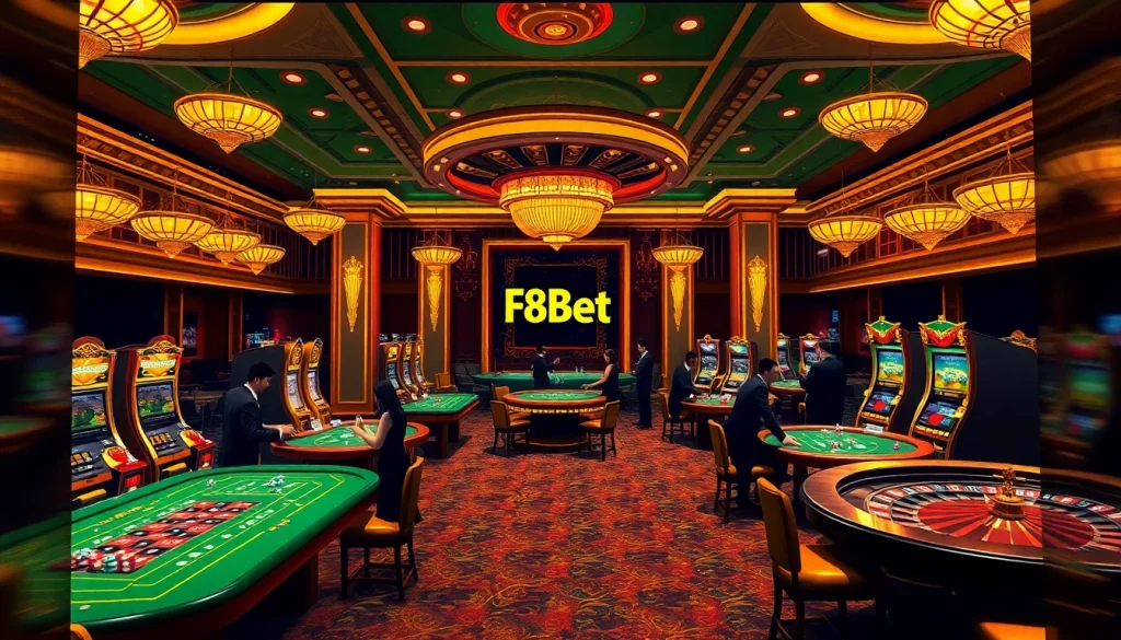 Exciting casino gaming scene with F8bet-themed poker tables and vibrant slot machines.