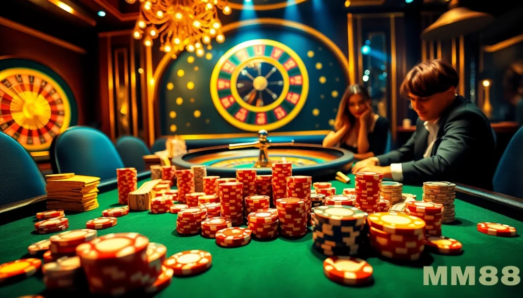 Experience exhilarating gameplay at MM88 casino with a dynamic poker table scene surrounded by vibrant chips.