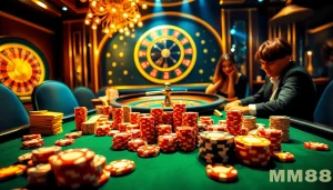 Experience exhilarating gameplay at MM88 casino with a dynamic poker table scene surrounded by vibrant chips.