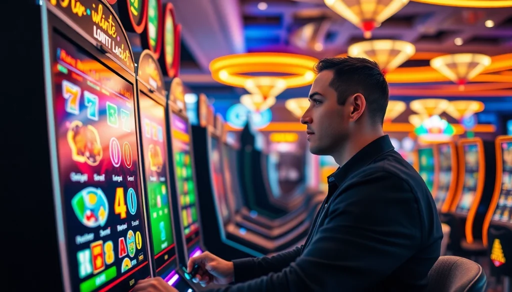 Menggairahkan permainan slot gacor dengan latar belakang kasino penuh warna dan lampu neon yang bersinar.