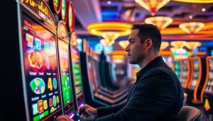 Menggairahkan permainan slot gacor dengan latar belakang kasino penuh warna dan lampu neon yang bersinar.