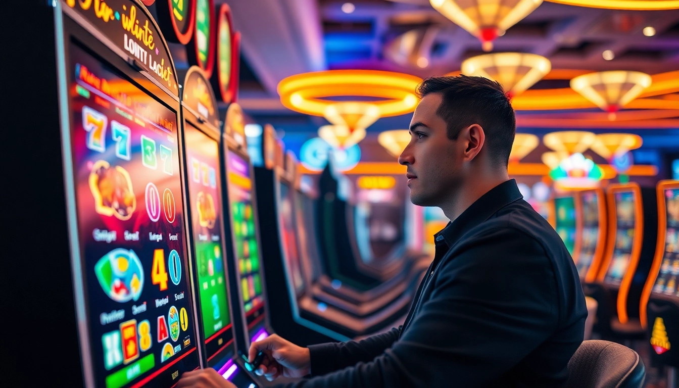 Menggairahkan permainan slot gacor dengan latar belakang kasino penuh warna dan lampu neon yang bersinar.