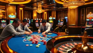 Bet88 players strategizing bets at a luxurious casino poker table.