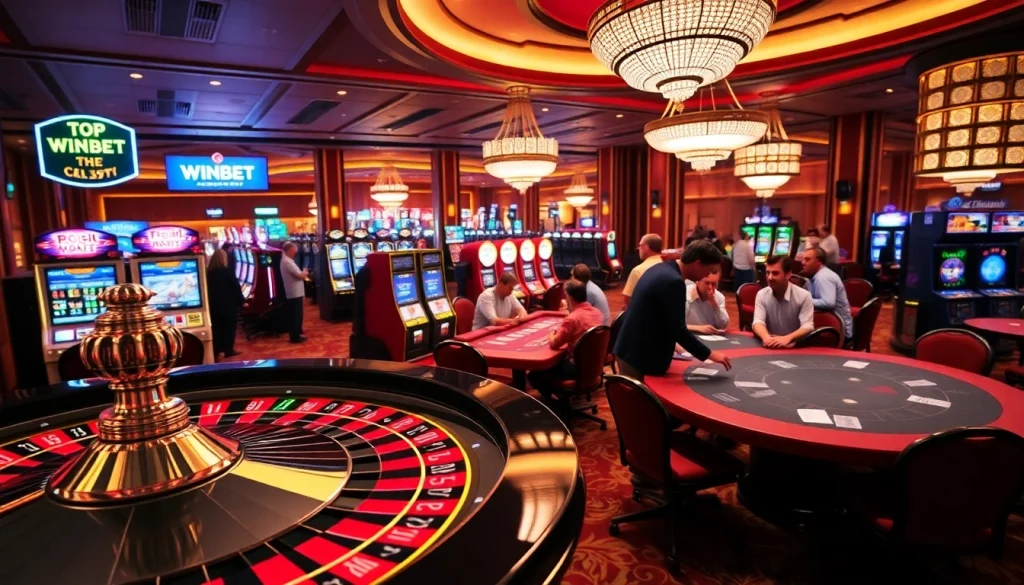 Players enjoying a thrilling gaming experience at WINBET's luxurious casino floor.