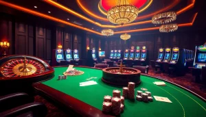 Hello88 casino scene featuring roulette, poker tables, and vibrant slot machines, showcasing a thrilling gambling atmosphere.