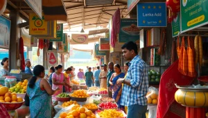 Engaging marketplace atmosphere featuring Lanka Add ads, colorful produce, and local vendors.