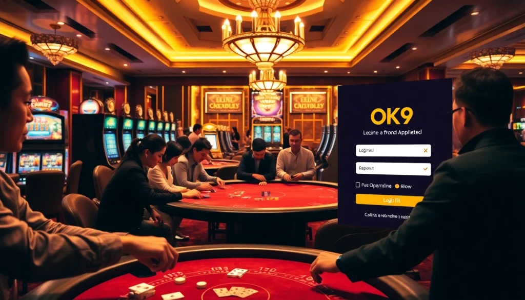 Engaging casino scene illustrating Đăng Nhập OK9 login and vibrant gaming experiences.