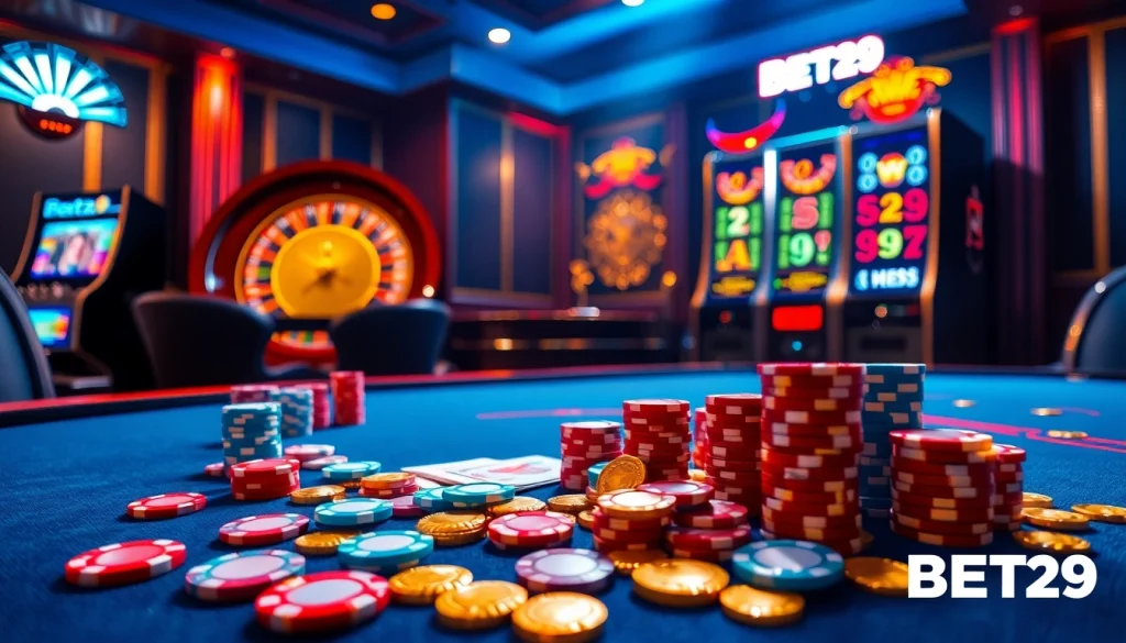 Experience the excitement of BET29 while playing poker at a luxurious casino table filled with vibrant chips and cards.
