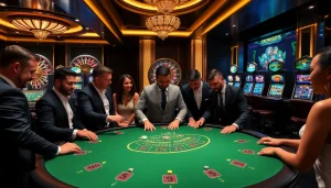 Players enjoying a thrilling game of blackjack at OK365 casino, showcasing excitement and professionalism.