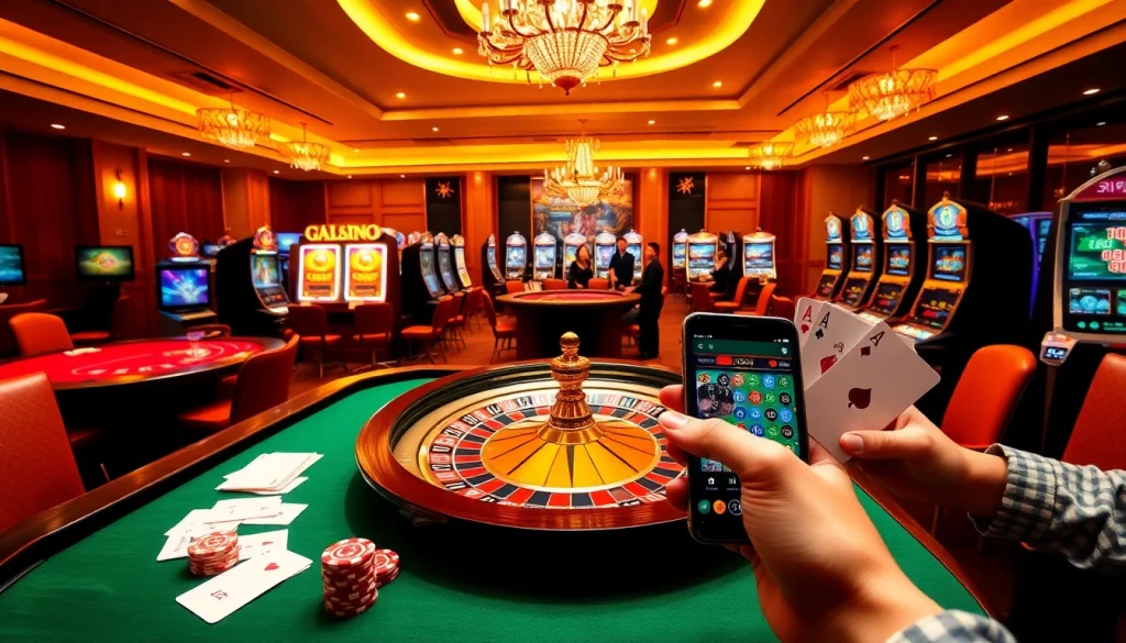 Players enjoy an immersive experience at Liên minh okwin, featuring a vibrant casino atmosphere with games.