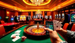 Players enjoy an immersive experience at Liên minh okwin, featuring a vibrant casino atmosphere with games.