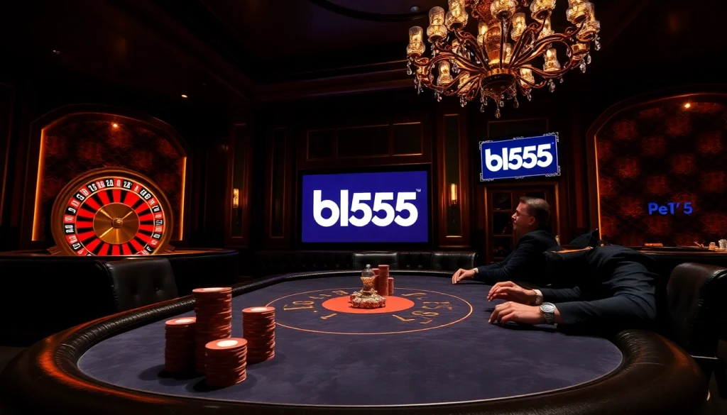 Players experiencing the excitement of a poker game at the bl555 casino, surrounded by luxury and high stakes.