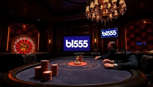 Players experiencing the excitement of a poker game at the bl555 casino, surrounded by luxury and high stakes.