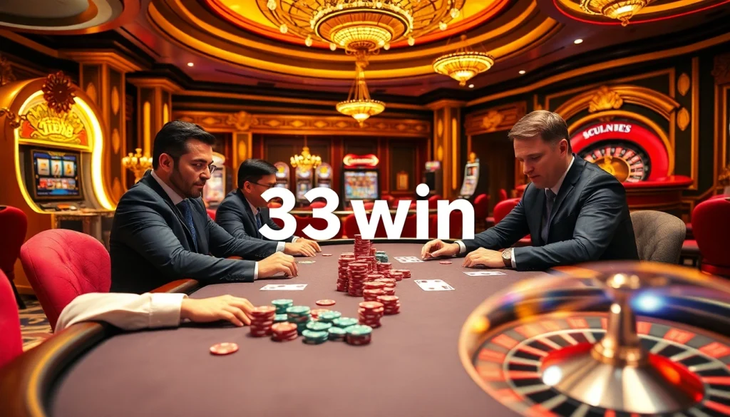 33win players strategizing in an exciting high-stakes poker game at a luxurious casino.