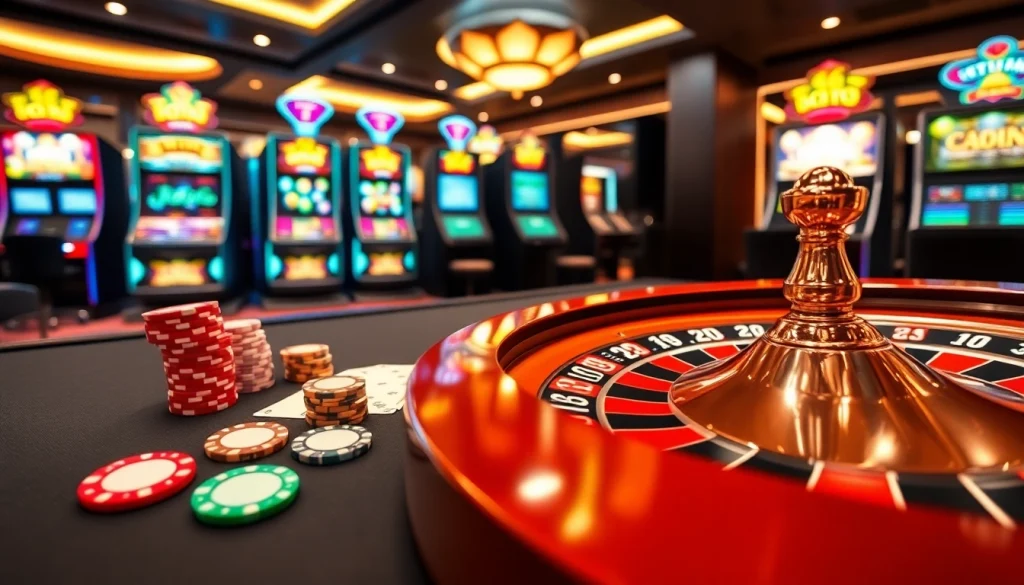 Engaging casino scene at https://667bett.com.br featuring poker chips and a roulette wheel in a luxurious environment.