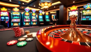 Engaging casino scene at https://667bett.com.br featuring poker chips and a roulette wheel in a luxurious environment.