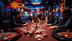 Gambling excitement at a casino table featuring S 8 poker chips and vibrant slot machines.