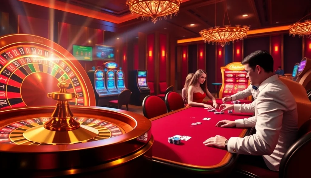 MM88 gambling scene with excited players at a poker table, vibrant roulette wheel, and dazzling slot machines.