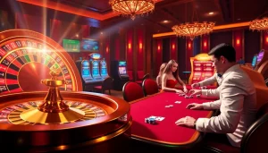 MM88 gambling scene with excited players at a poker table, vibrant roulette wheel, and dazzling slot machines.