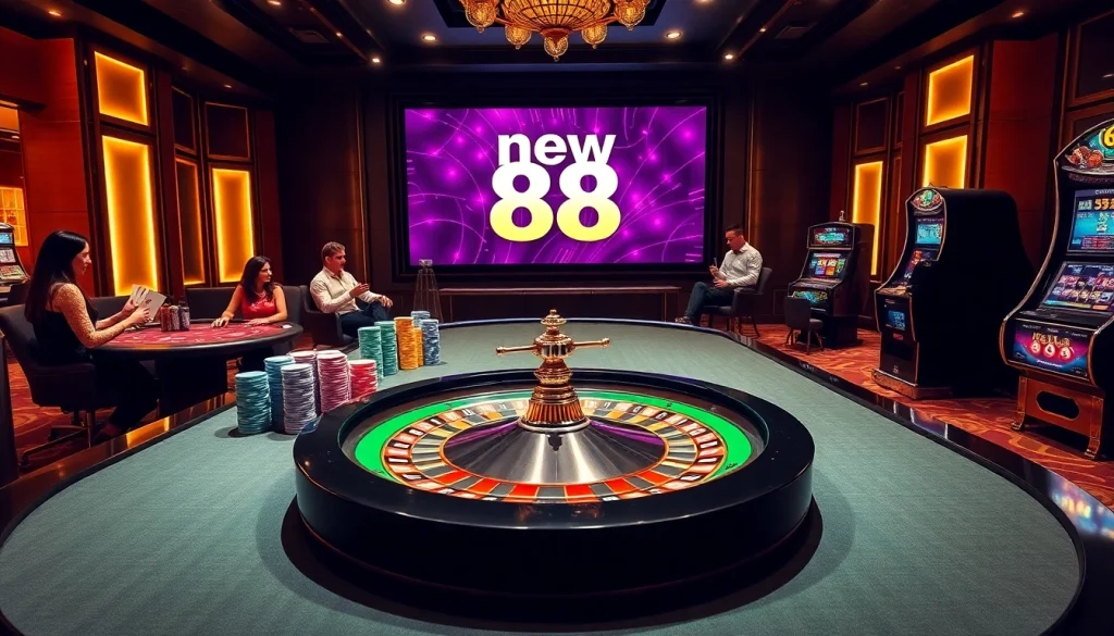 Gambling excitement at new 88 casino with vibrant roulette table and poker players.