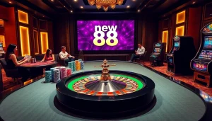 Gambling excitement at new 88 casino with vibrant roulette table and poker players.