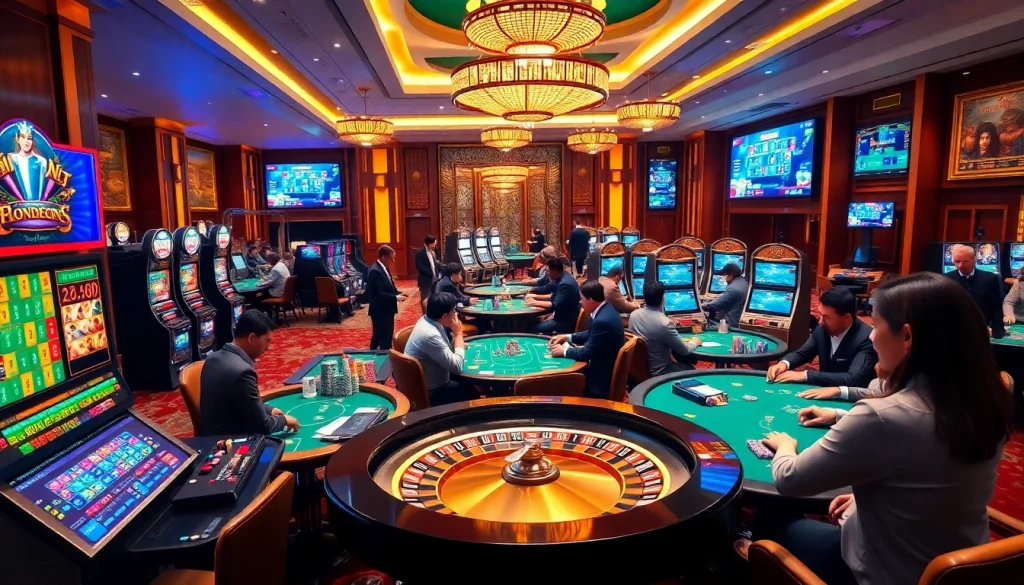 KJC casino scene with diverse players engaging at poker tables and vibrant slot machines.