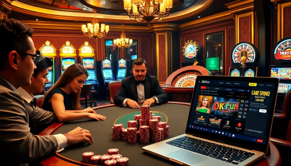 Players at a poker table engaged in intense gameplay at Okfun's online casino, showcasing excitement and strategy.