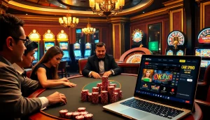 Players at a poker table engaged in intense gameplay at Okfun's online casino, showcasing excitement and strategy.