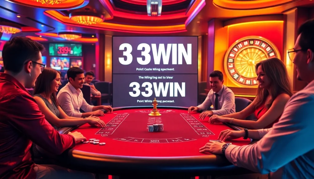 Engaged players at a 33WIN poker table in a luxury casino atmosphere showcasing excitement and winning.