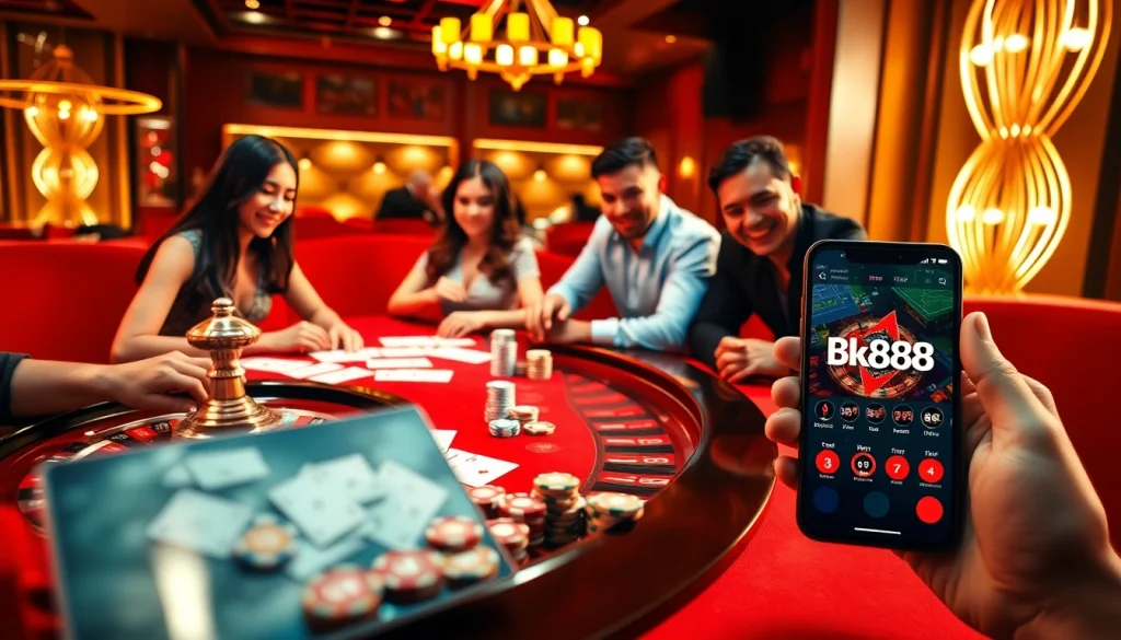 Experience the thrill of bk888 with table games and dynamic gambling visuals showcasing luxury and excitement.