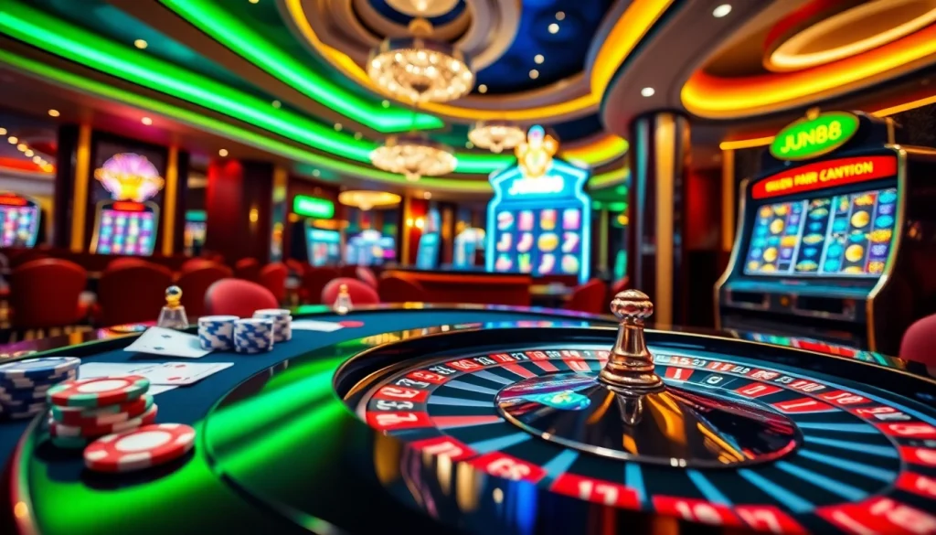 Experience thrilling gaming at Jun88 with an elegant casino scene showcasing roulette and slots.