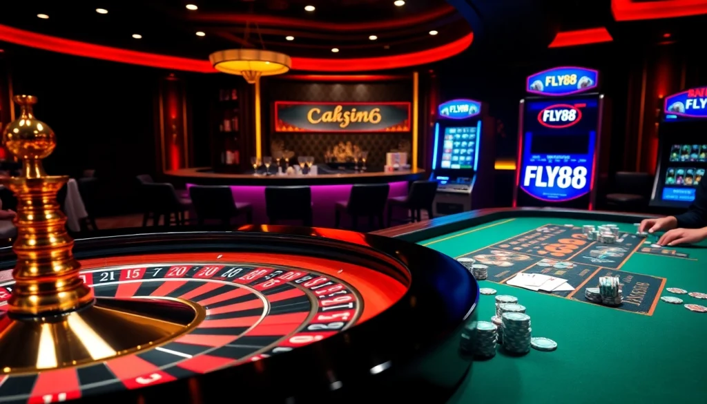 Experience the thrill of FLY88 at a luxurious casino with roulette and poker tables.